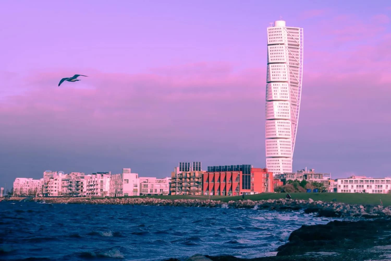 Uferpromenade von Malmö mit Drehfraktalgebäude Turning Torso, Wohn- und Bürogebäuden, Möwe über der Ostsee bei Sonnenuntergang