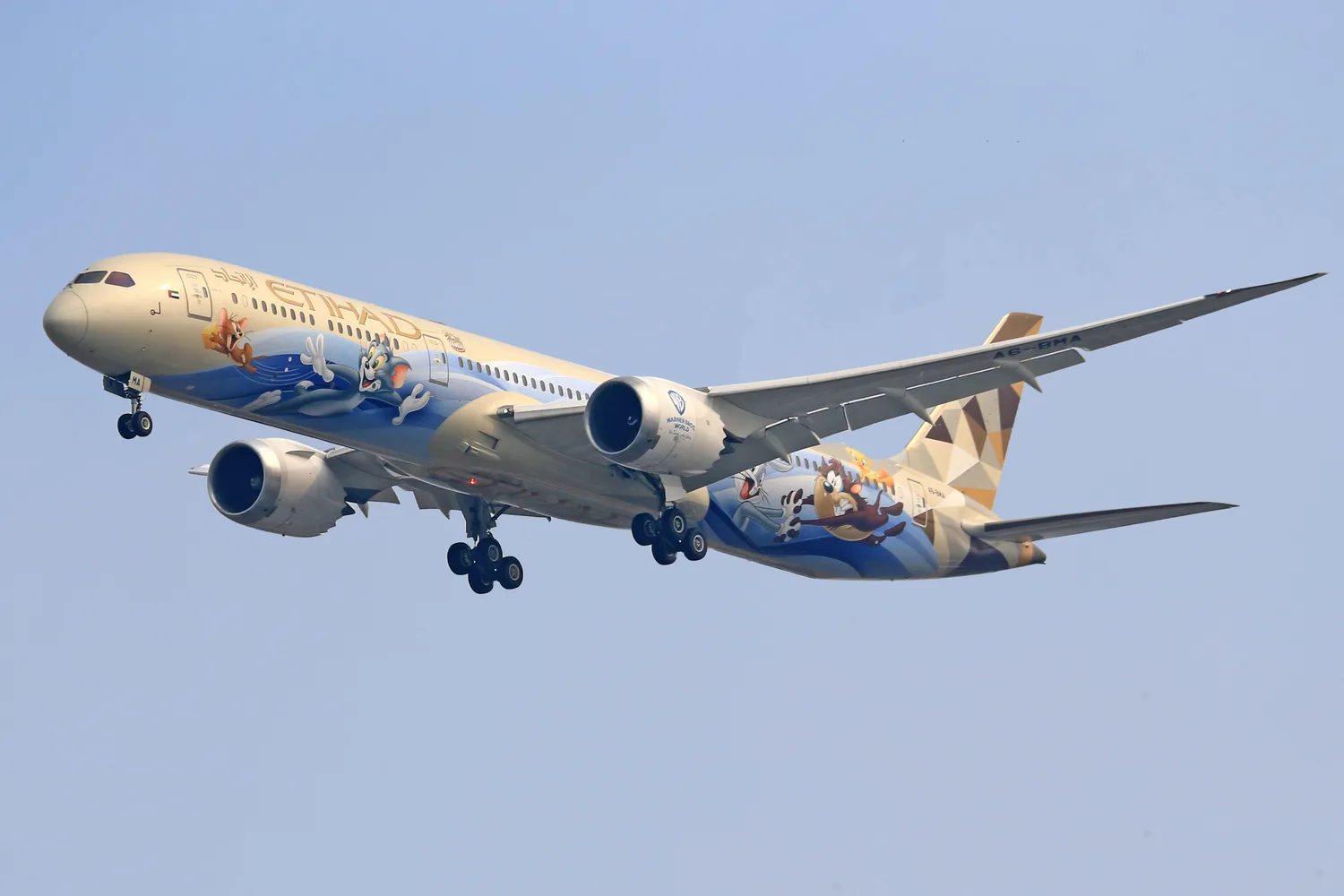 Etihad Boeing 787 im Landeanflug mit Tom-und-Jerry-Werbefolierung und ausgefahrenem Fahrwerk vor blauem Himmel