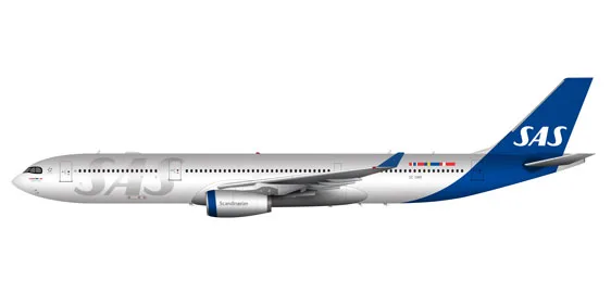 SAS Airbus A330 Langstreckenflugzeug Seitenansicht mit weiß-blauem Markenanstrich und sichtbarem Triebwerk