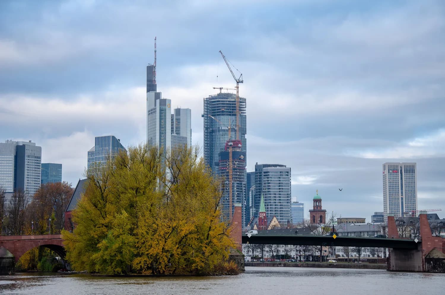 Frankfurter Skyline am Mainufer mit herbstlichen Bäumen, Brücke und Hochhäusern, Baukran sichtbar
