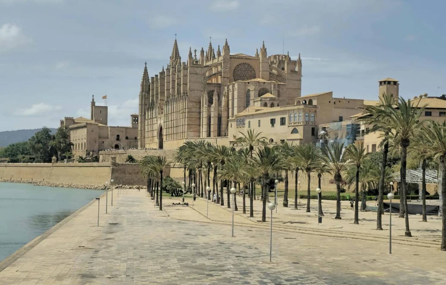 Kathedrale La Seu in Palma de Mallorca am Meer mit Palmenpromenade und historischen Mauern