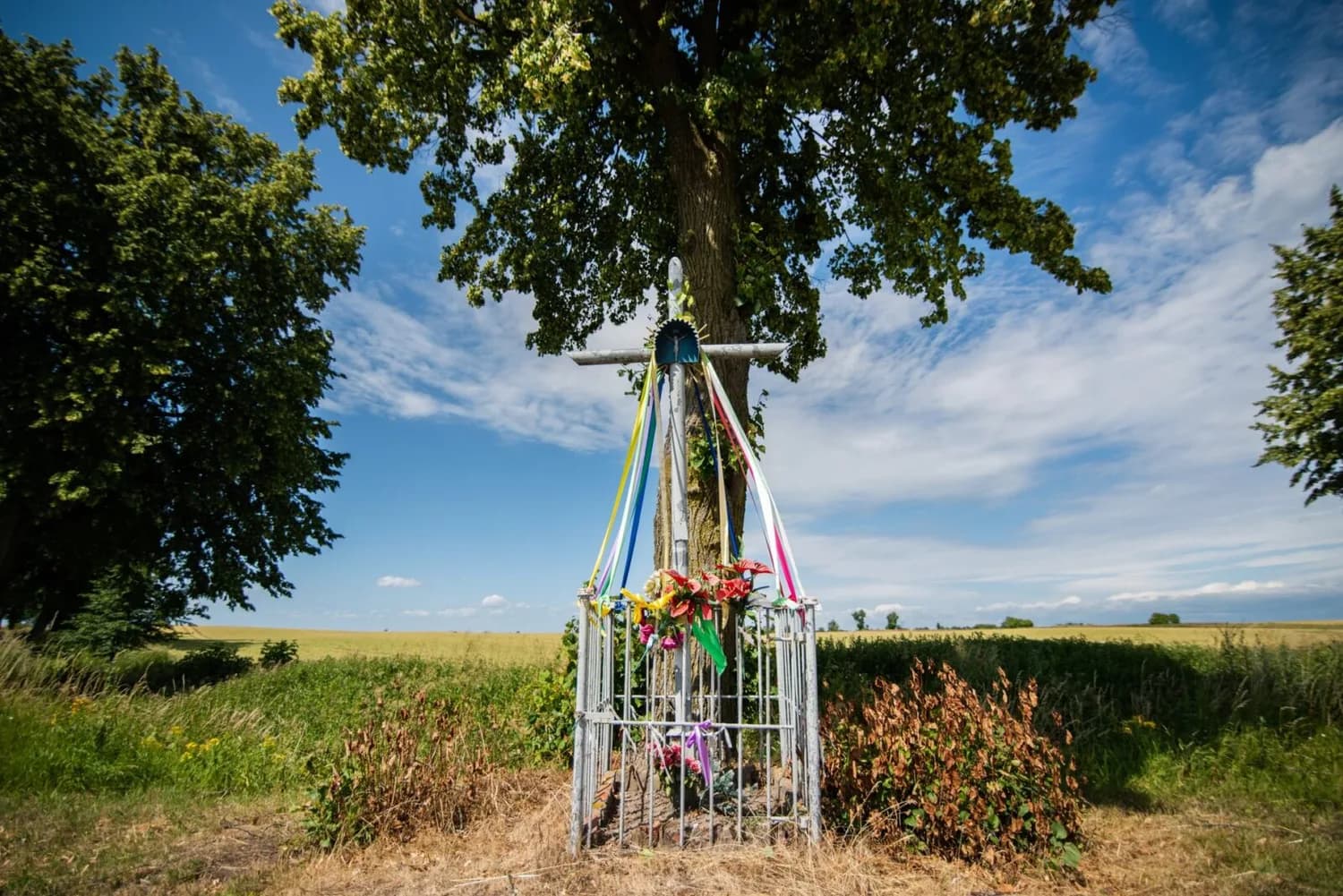 Wegkreuz mit bunten Pfingstbändern und Blumen vor großer Eiche in ländlicher Feldlandschaft unter blauem Himmel