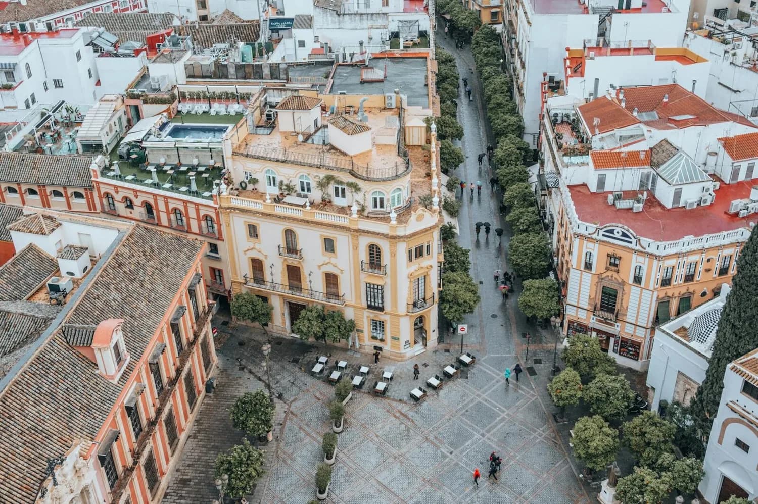 Vogelperspektive auf belebten Platz und breite Fußgängerstraße in Sevilla mit historischen pastellfarbenen Gebäuden, Außenkaffee und Bäumen entlang der Allee