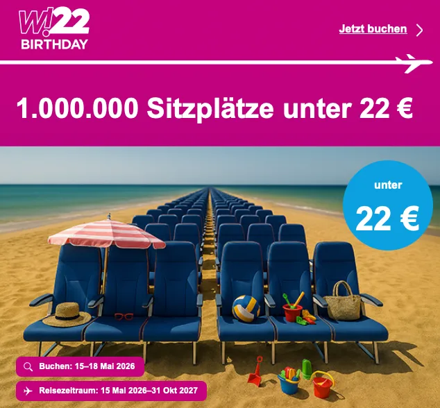 Wizz Air Werbebild mit Flugzeugsitzen auf Strandreihen, Strandutensilien wie Sonnenschirm, Strandspielzeug, Sonnenhut und Tasche, Hinweis auf 1.000.000 günstige Sitzplätze unter 22 €