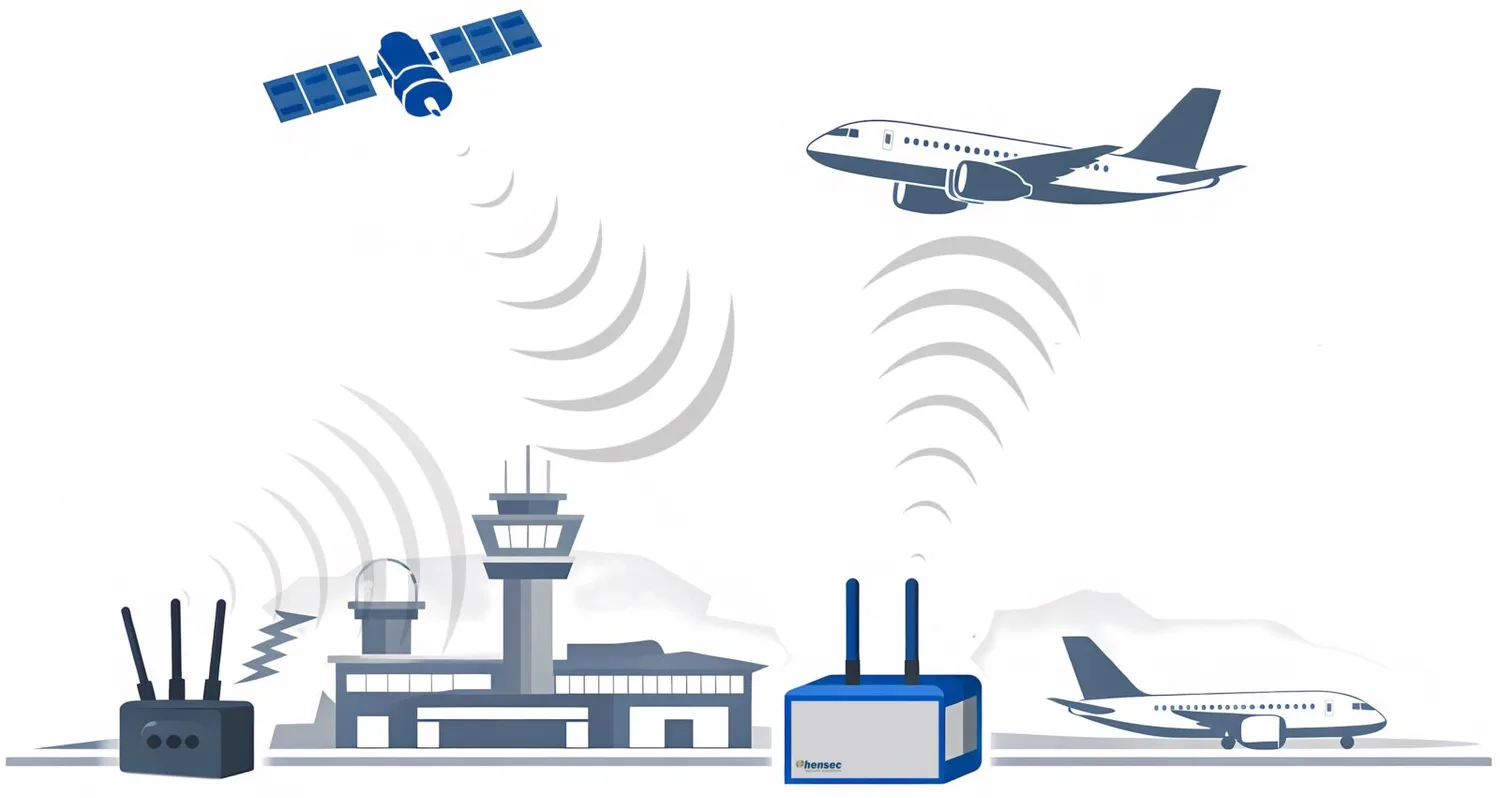 Hensec AGNOST Funkstörungs- und Signalüberwachungsgerät am Flughafen mit Flugzeugen, Kontrollturm und Satellitenkommunikation
