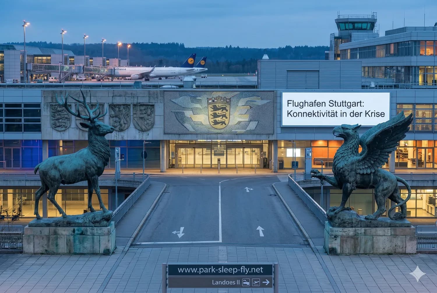 Eingangsbereich Flughafen Stuttgart bei Dämmerung mit Park-Sleep-Fly Schild, zwei Bronze-Statuen (Hirsch und Greif), Terminalgebäude und geparktem Flugzeug im Hintergrund, Thema Konnektivität und Parken am Flughafen