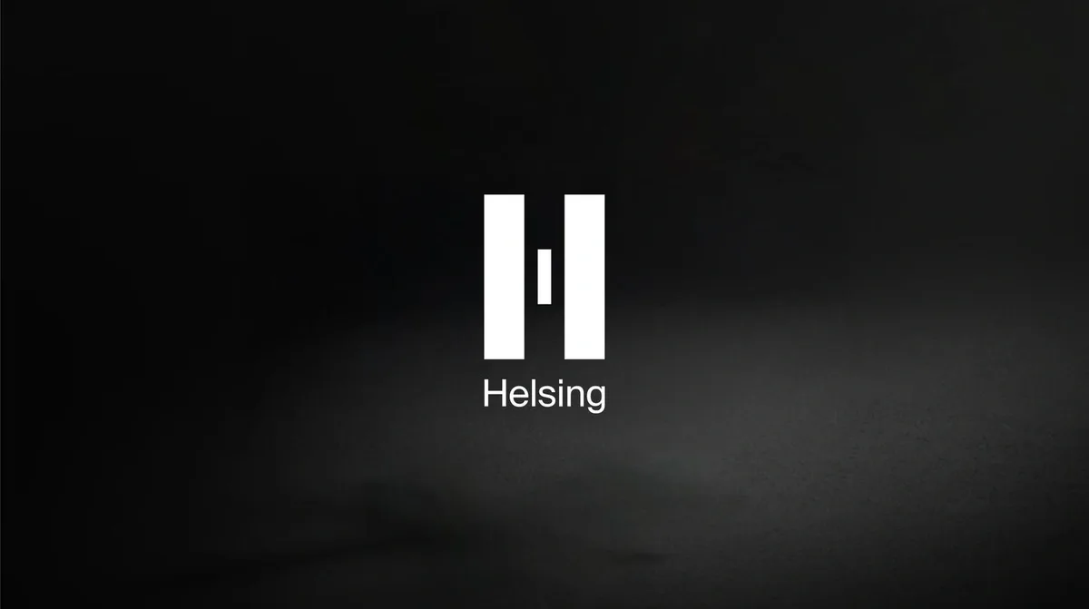 Helsing Firmenlogo weißes H auf dunklem Hintergrund, Schriftzug Helsing, minimalistisches Branding für Helsing Hallbergmoos