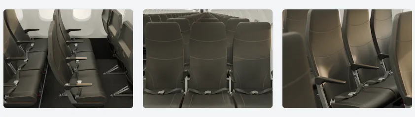 Ultraleichte next‑generation easyJet Flugzeugsitze in Reihe, schlankes Sitzdesign mit Armlehnen und Sicherheitsgurten, Economy‑Kabine Innenansicht