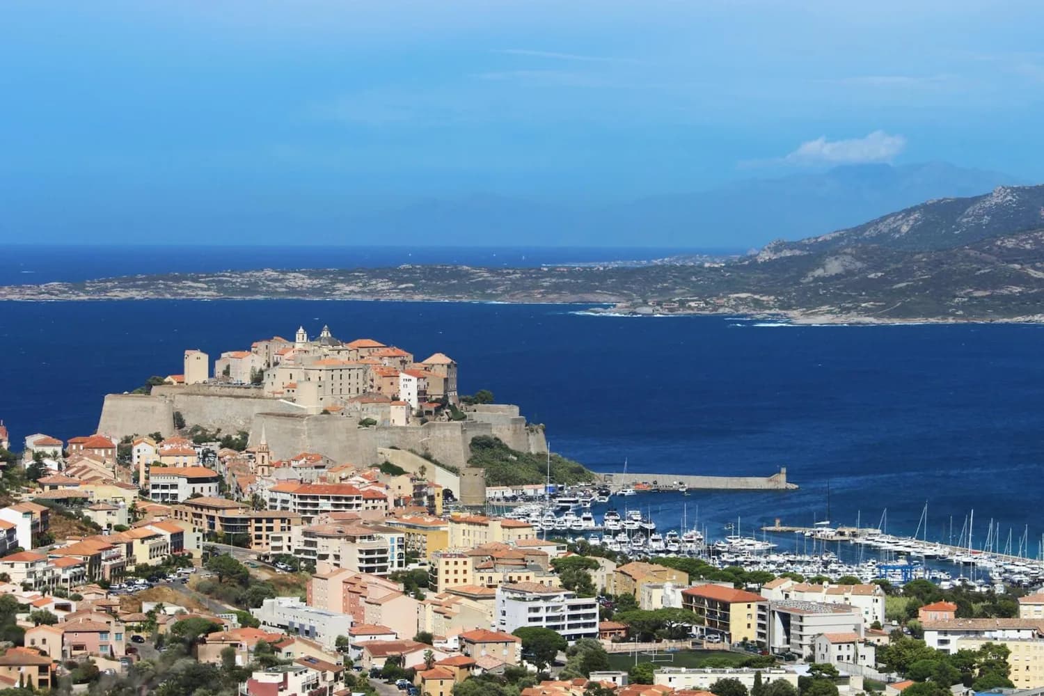 Blick auf die Zitadelle von Calvi mit Hafen, Yachten und roten Dächern an der Küste Korsikas, Frankreich