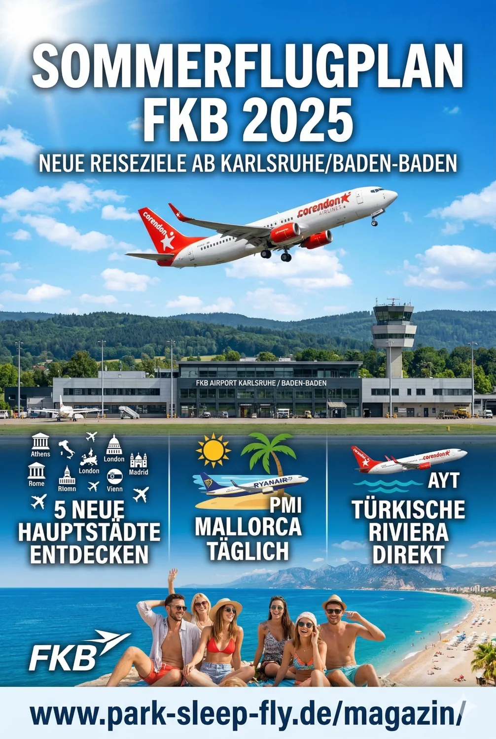 Sommerflugplan FKB Karlsruhe/Baden‑Baden mit startendem Passagierflugzeug über Terminal, Anzeigen zu neuen Zielen wie Mallorca PMI täglich, Türkische Riviera AYT direkt und fünf neue Hauptstädte, Strandurlauber am Meer und Flughafengebäude im Hintergrund