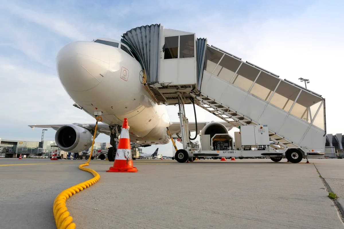 Fraport Flugzeugabfertigung am Gate mit Passagierbrücke, elektrischen Bodenstromkabeln, Elektrofahrzeugen und abgesperrtem Vorfeld vor Startbereitstellung