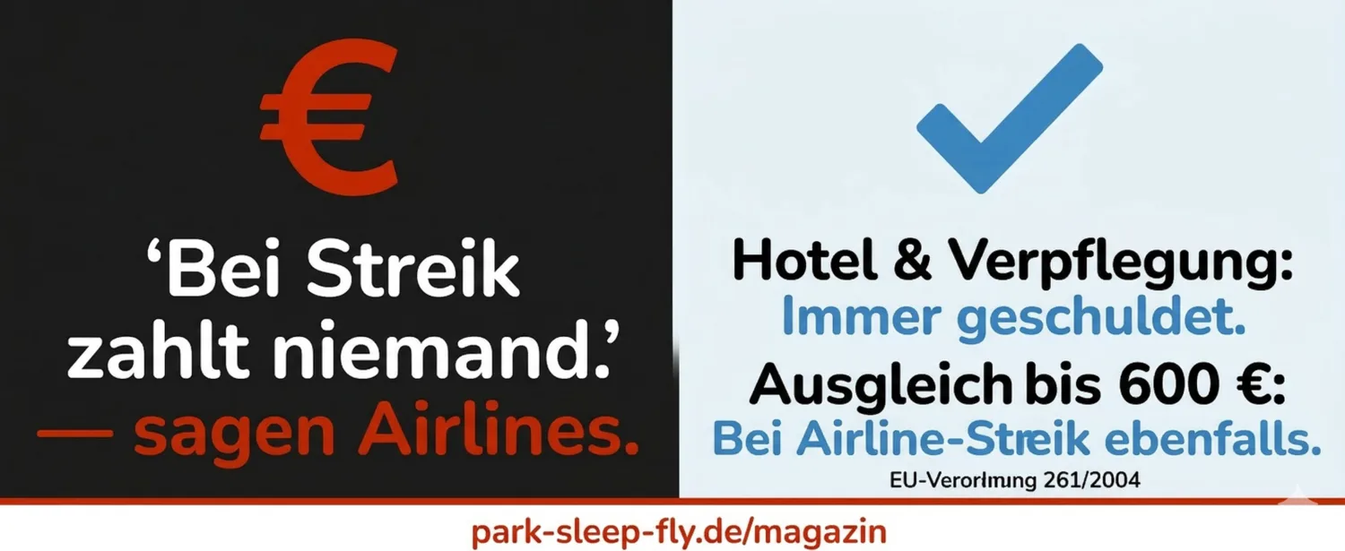 Infografik geteilt: links schwarze Fläche mit rotem Eurozeichen und Text Bei Streik zahlt niemand sagen Airlines, rechts helle Fläche mit blauem Haken und Text Hotel & Verpflegung immer geschuldet Ausgleich bis 600 € bei Airline‑Streik Hinweis auf EU‑Verordnung und Park‑Sleep‑Fly Magazinlink