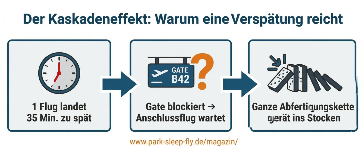 Infografik zum Kaskadeneffekt bei Flugverspätungen: Uhr zeigt 35 Minuten Verspätung, Gate B42 blockiert Anschlussflug, dominoartige Abfertigungskette kommt ins Stocken (Park‑Sleep‑Fly Info)