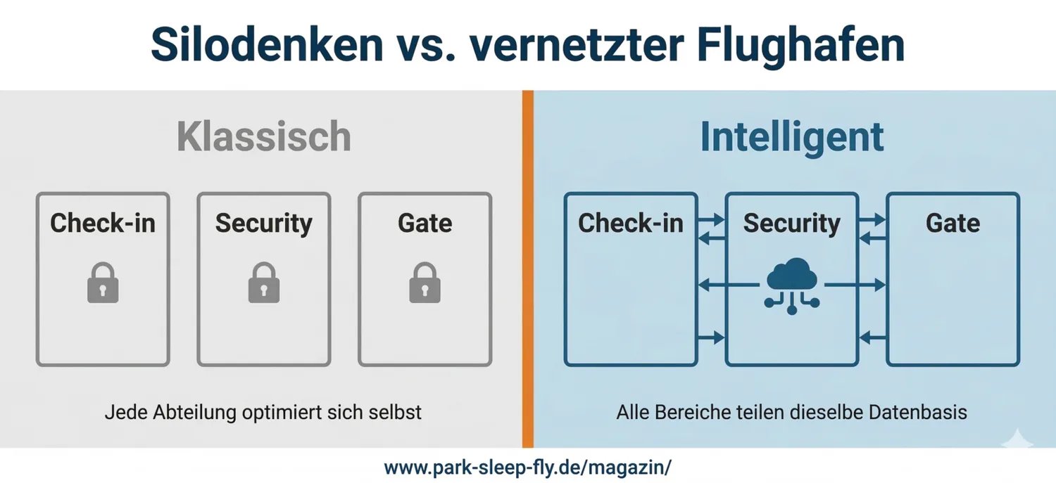 Infografik: Gegenüberstellung Silodenken versus vernetzter Flughafen mit klassischer Darstellung getrennte Check‑in, Security und Gate mit Schlössern und intelligenter Darstellung vernetzte Check‑in, Security und Gate, gemeinsame Cloud‑Datenbasis und bidirektionale Pfeile