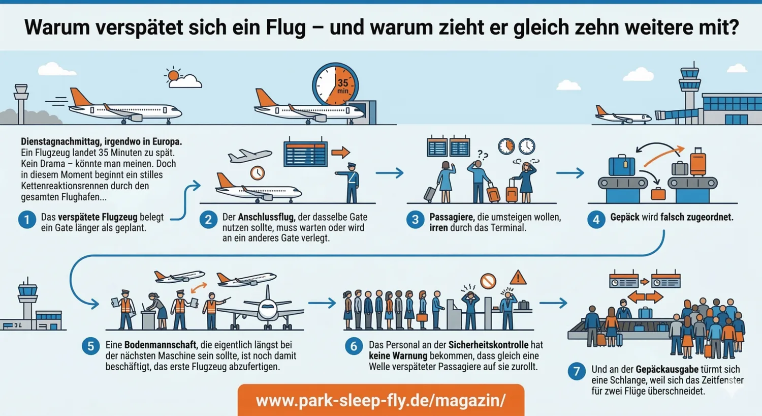 Infografik zur Kaskade von Flugverspätungen: verspätetes Flugzeug blockiert Gate, Anschlussflug verlegt, verwirrte umsteigende Passagiere im Terminal, falsch zugeordnetes Gepäck, überlastete Bodenmannschaft, Warteschlange an Sicherheitskontrolle und Gepäckausgabe.