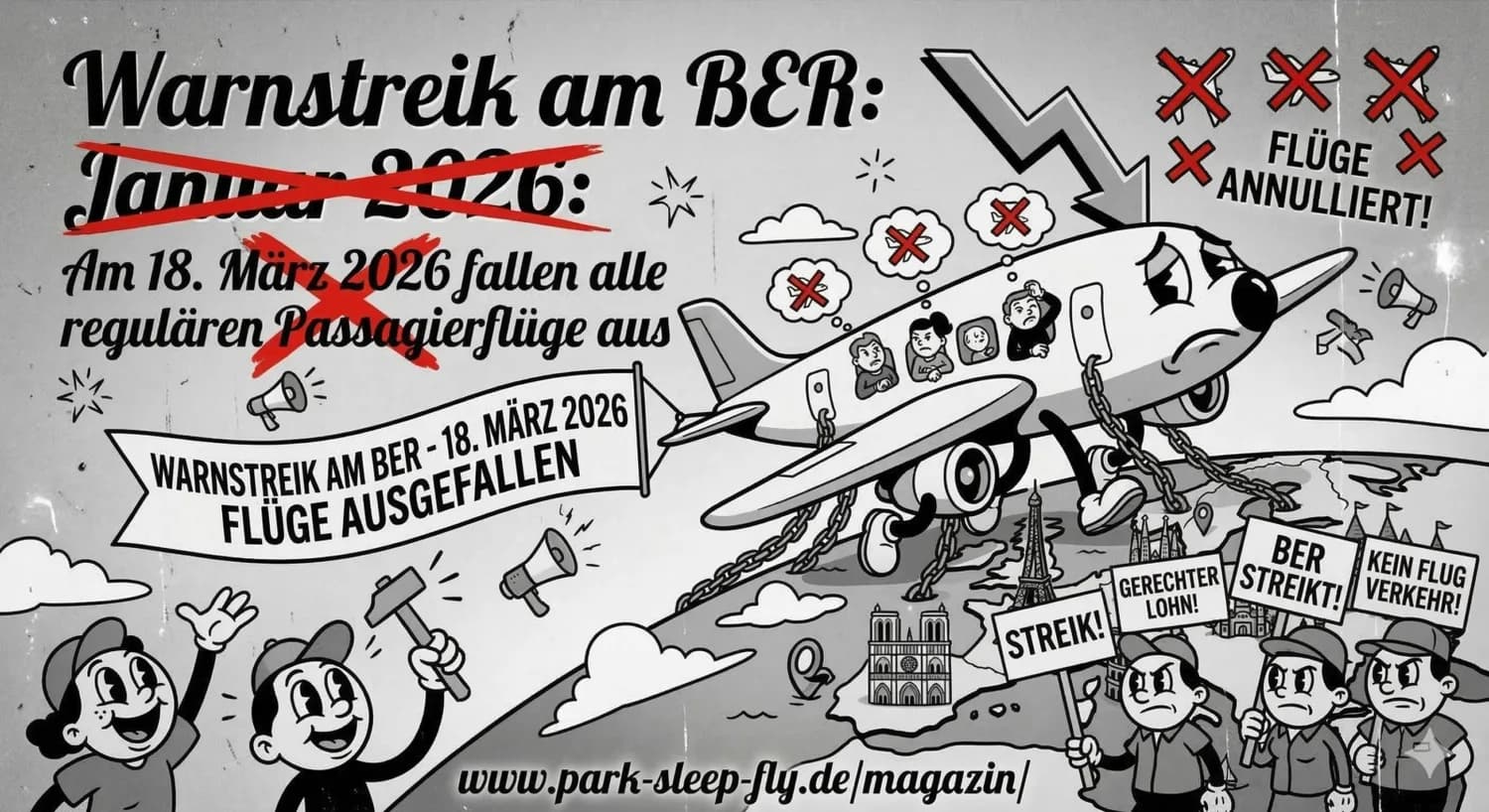 Plakatillustration eines Warnstreiks am Flughafen BER mit abgesagtem Passagierflugzeug, triste Cartoon-Maschine ankert über Europa, protestierende Streikende mit Schildern „Streik“ und „BER streikt“, Hinweis auf ausgefallene Flüge und Datum, Park-Sleep-Fly Magazinverweis