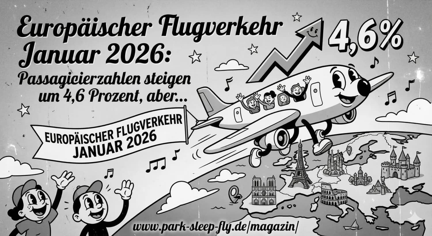 Illustration eines fröhlichen Passagierflugzeugs über einer Karte Europas mit Sehenswürdigkeiten wie Eiffelturm und Kolosseum, Passagiere winken, Banner „Europäischer Flugverkehr Januar“, Hinweis auf Passagieranstieg 4,6%