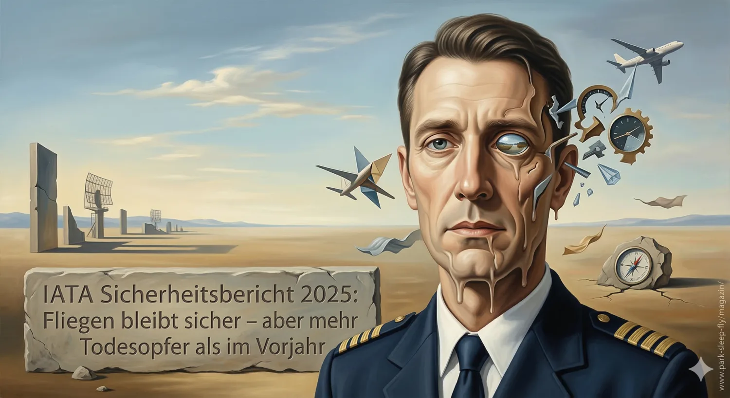 Surrealistisches Bild eines Piloten im Uniform mit schmelzender Gesichtshälfte, zerfallenden Flugzeugteilen, Uhr und Kompass in einer Wüstenlandschaft und Texttafel IATA Sicherheitsbericht Fliegen bleibt sicher aber mehr Todesopfer kuin im Vorjahr