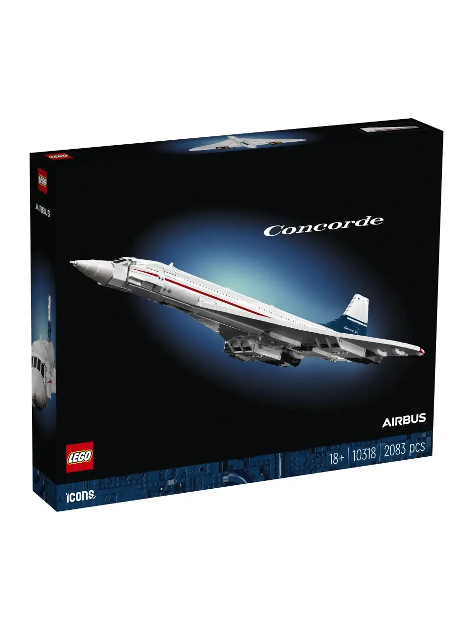 LEGO Airbus Concorde Modellbausatz in schwarzer Verpackung, Seitenansicht des eingerichteten Überschallflugzeugs im Flug, Icons/Logos sichtbar