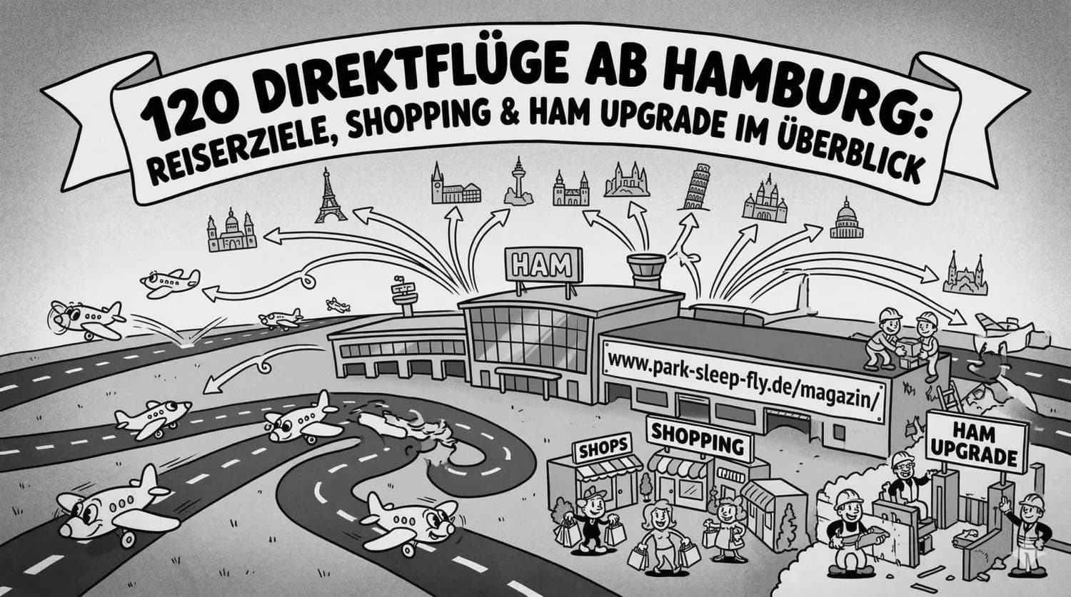 Illustration Flughafen Hamburg HAM mit Terminals, startenden Flugzeugen, Pfeilen zu 120 Direktflügen, Park-Sleep-Fly Service, Shoppingbereich und Baustelle für HAM Upgrade
