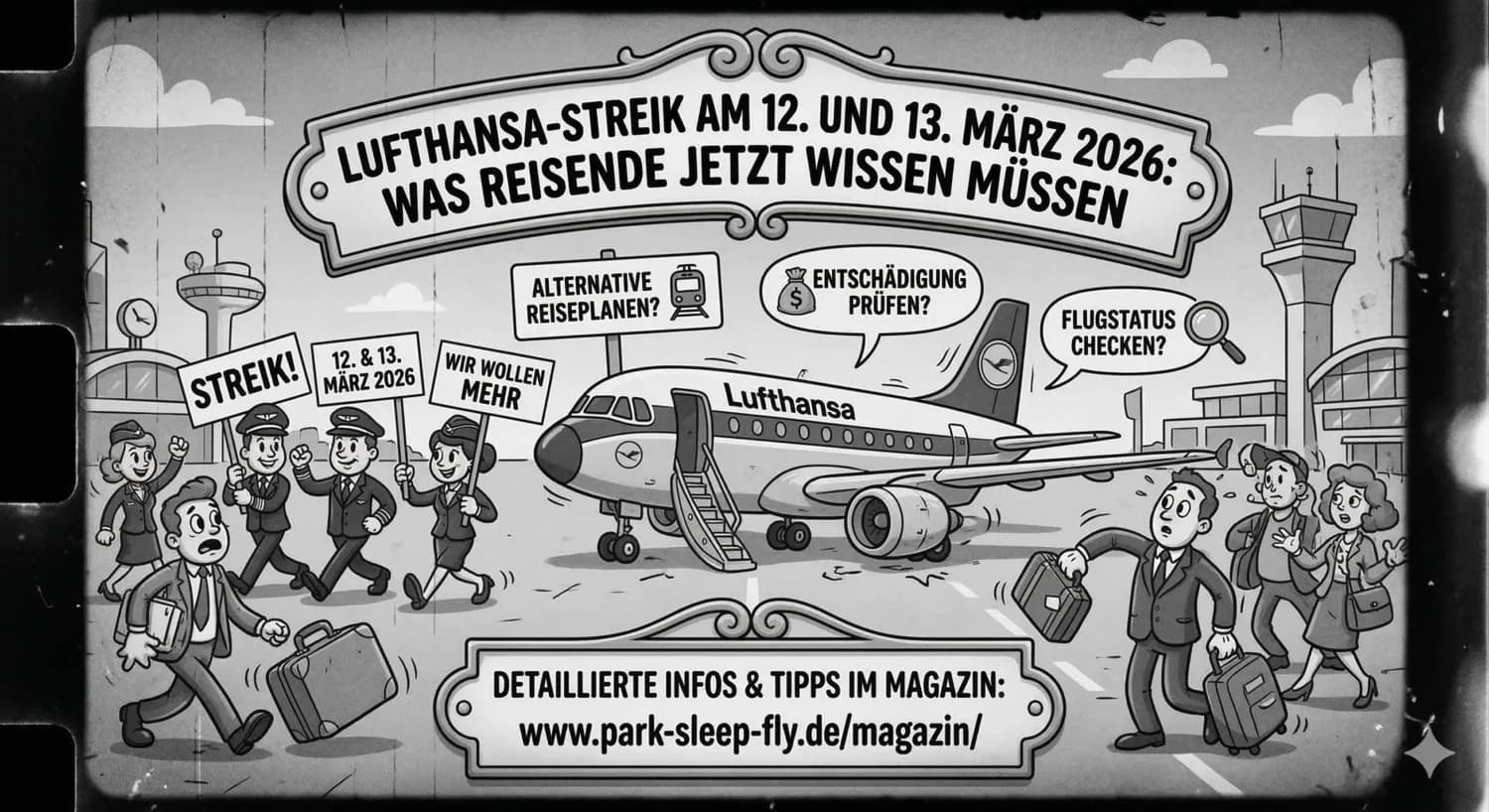 Illustration am Flughafen mit Lufthansa-Flugzeug, streikende Kabinen- und Cockpitcrew mit Protestschildern, besorgte Reisende mit Gepäck, Hinweise zu alternativen Reiseplänen, Entschädigung und Flugstatus, ParkSleepFly Magazinlink erwähnt