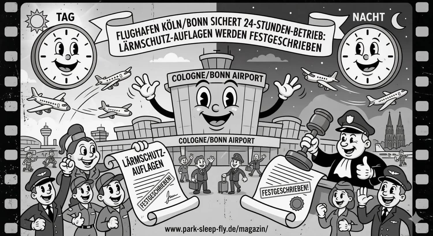 Cartoonartige Darstellung des Köln/Bonn Airports mit fröhlichem Kontrollturm, startenden Flugzeugen, Tagenacht-Uhrmotiven und Figuren, die Lärmschutzauflagen und Gerichtsbeschluss mit Schriftzug festgeschrieben präsentieren