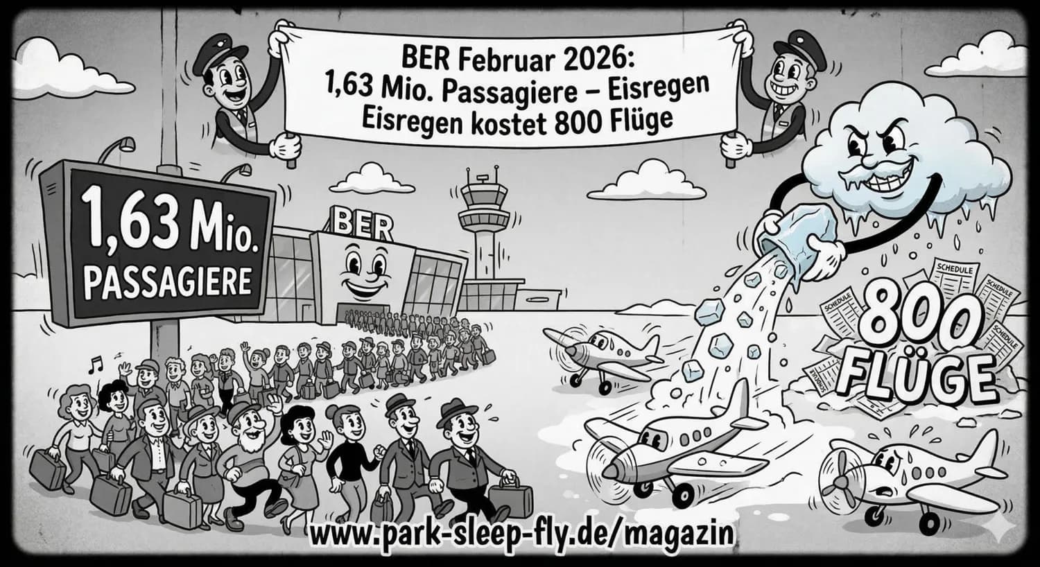 Karikaturhafte Flughafen-Szene BER mit lachendem Terminal, Anzeigetafel 1,63 Mio. Passagiere, schlangender Passagierausgang, böse Wolke gießt Eisregen über kleine Flugzeuge und Stapel mit Flugplänen „800 Flüge“