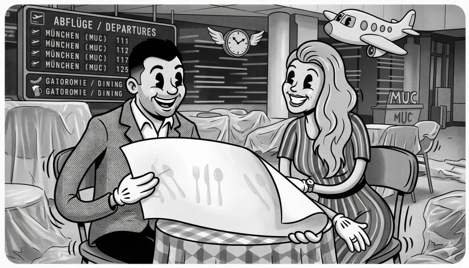 Comic-Paar sitzt in geschlossener Gastronomie im Terminal 1 Pier des Flughafens München (MUC) und betrachtet Menü bei gedeckten, abgedeckten Tischen vor Abflugtafel und MUC-Schildern