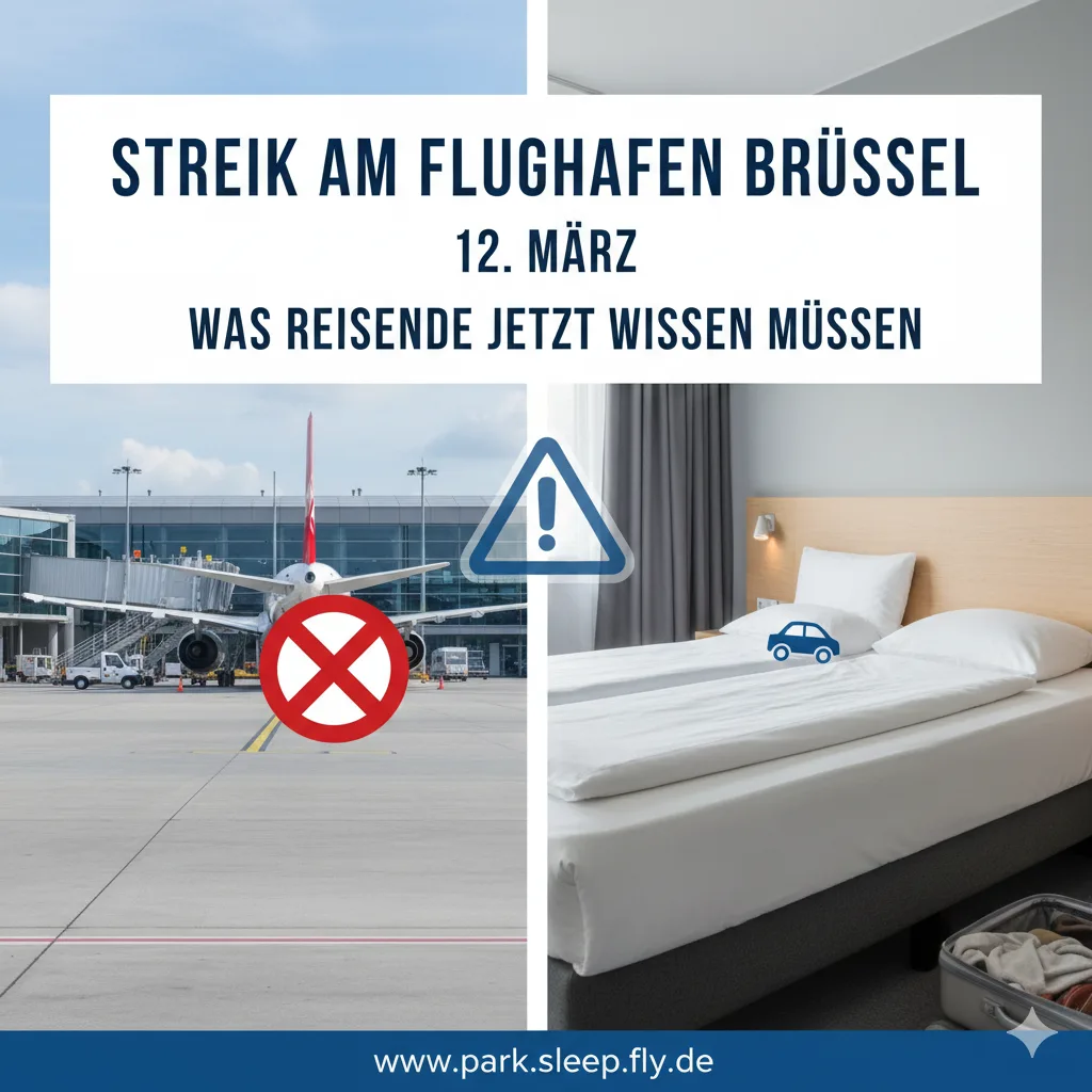 Streik am Flughafen Brüssel mit geparktem Flugzeug und rotem Verbotssymbol links, Hotelzimmer mit Bett und Park&Sleep&Fly-Angebot rechts, Hinweis für Reisende und Parkplatzservice