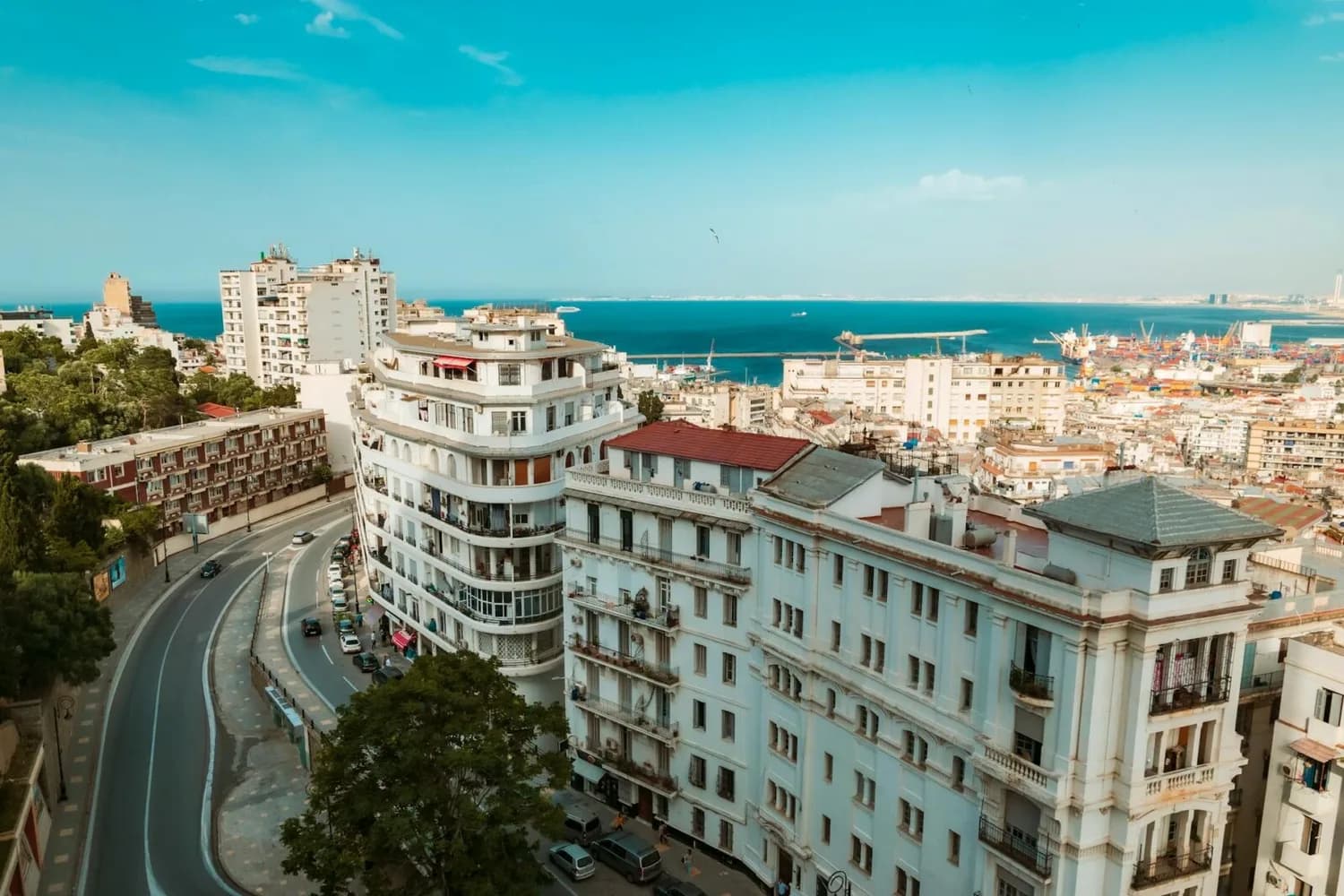 Blick über Algiers Küstenstadt mit weißen Altbauhäusern, geschwungener Küstenstraße und Hafen am blauen Meer – Städtereise Algier Parksleepfly
