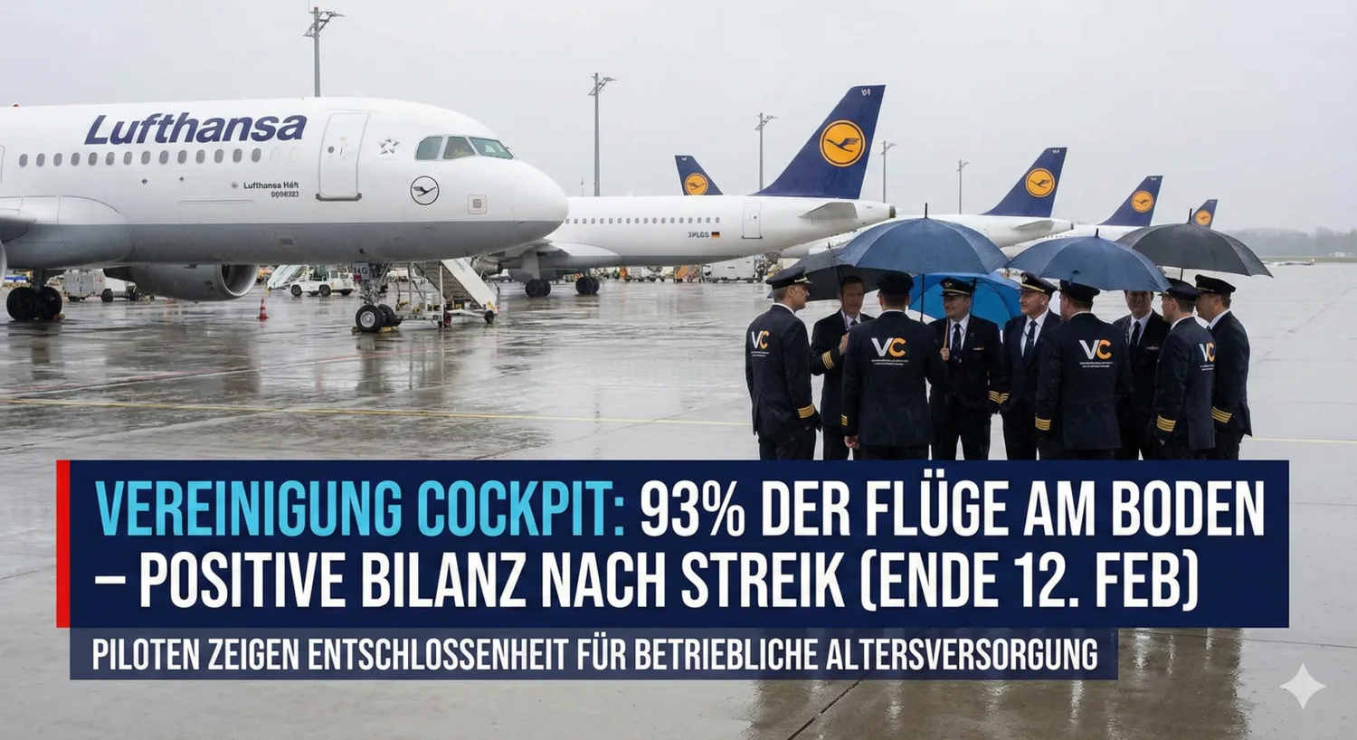 Lufthansa-Piloten mit Regenschirmen auf Rollfeld vor geparkten Flugzeugen, Einblendung: Vereinigung Cockpit Bilanz Streik 93% der Flüge am Boden