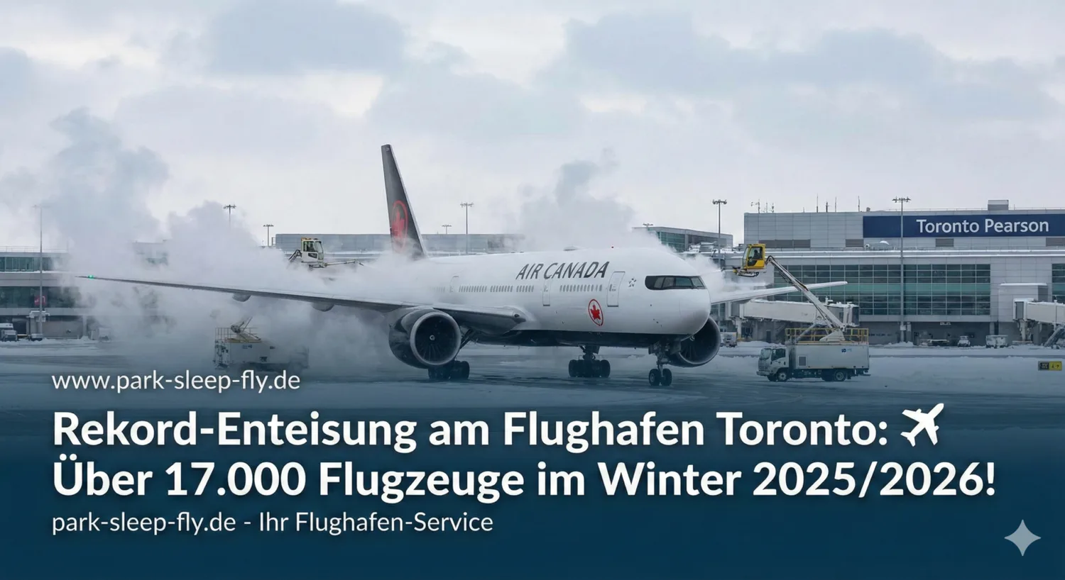 Air Canada Flugzeug wird am verschneiten Toronto Pearson Flughafen von Enteisungsfahrzeugen mit Dampf und Flüssigkeit enteist, Bodenpersonal und Passagierbrücken im Hintergrund