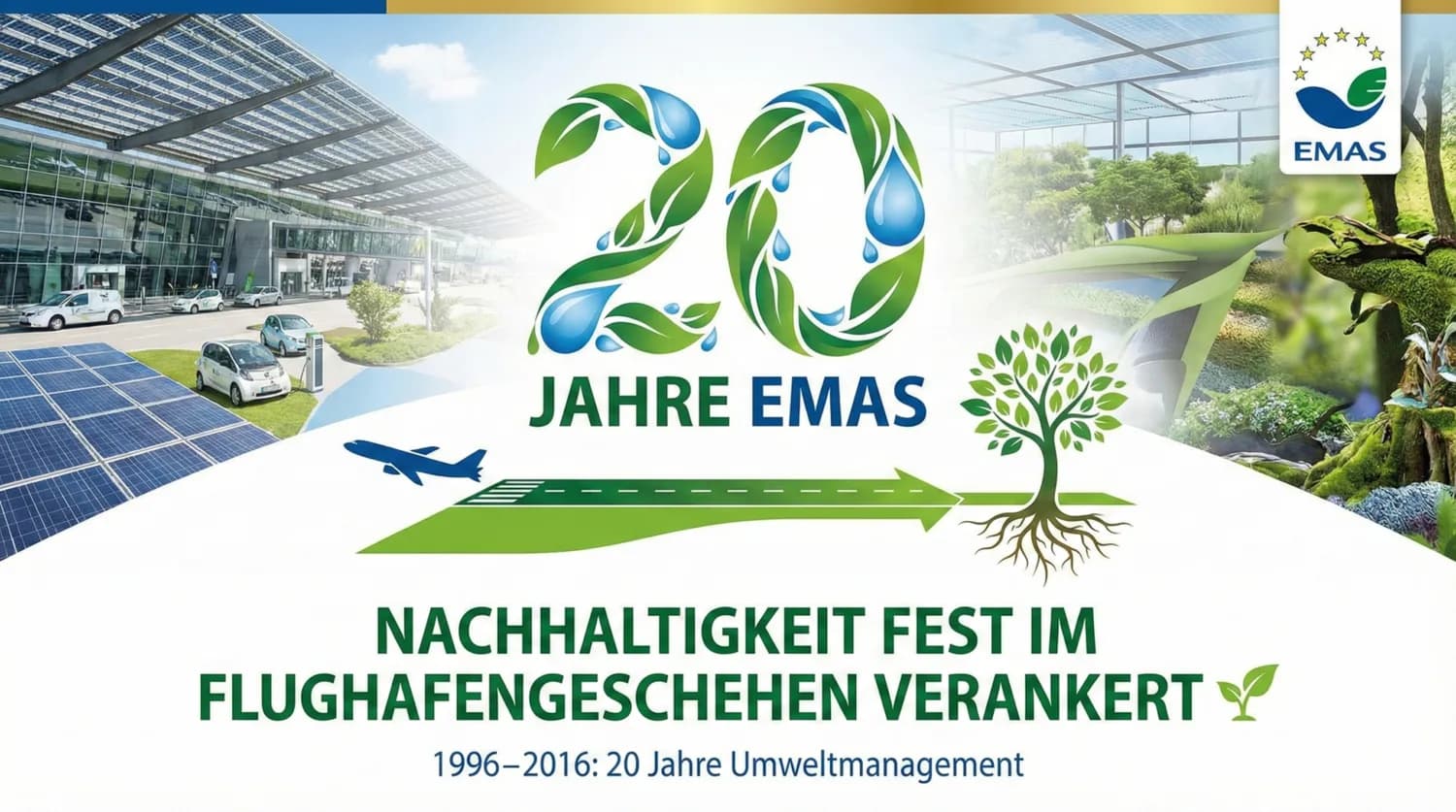 Grafik mit Logo 20 Jahre EMAS, Flughafenfront mit Solarpanelen und Elektrofahrzeugen, stilisierte Zahl 20 aus Blättern und Wassertropfen, Flugzeugstart und Baum mit Wurzeln, Schriftzug Nachhaltigkeit im Flughafenwesen
