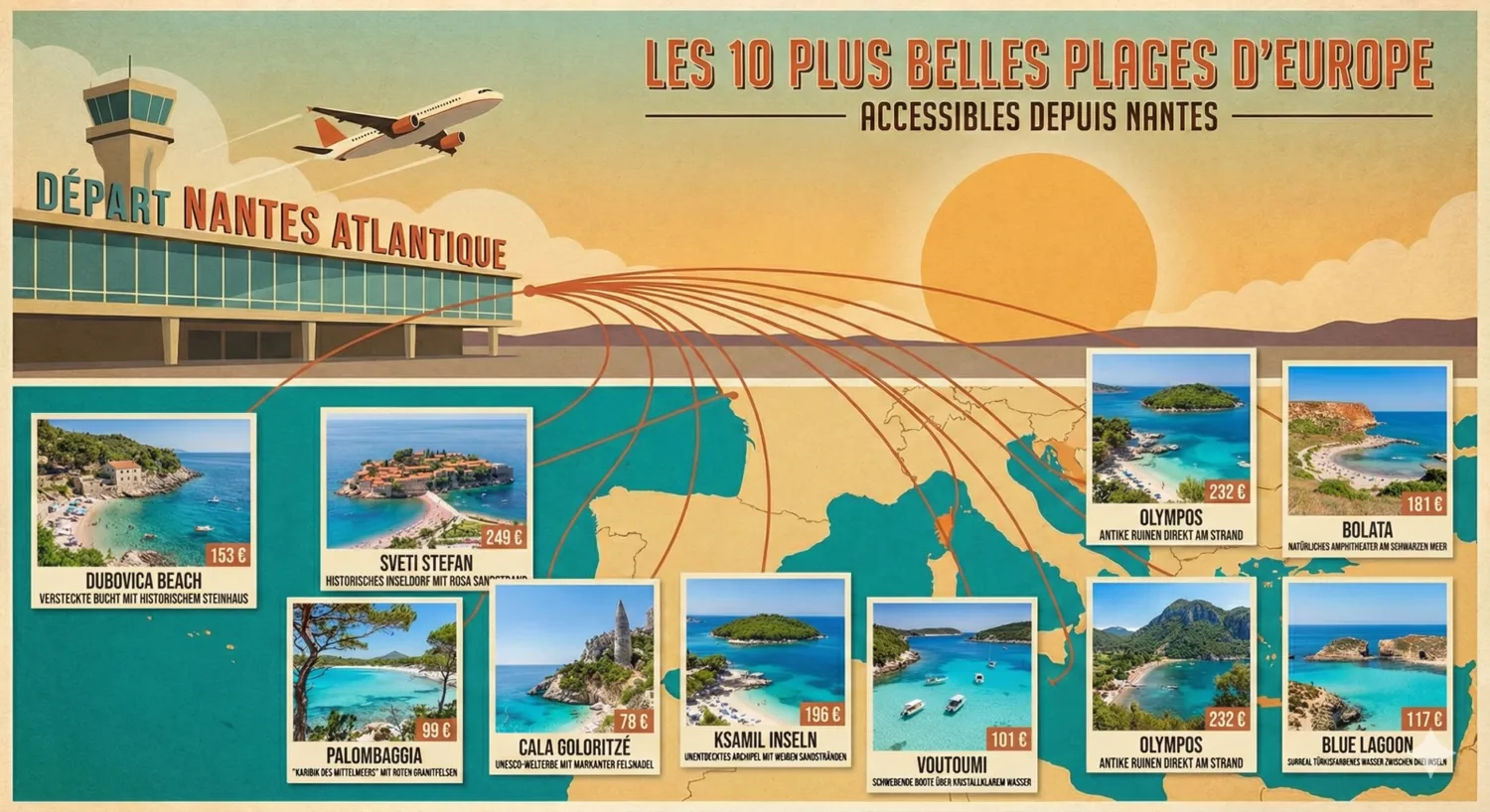 Retro-Illustration eines Flughafens in Nantes mit Flugrouten zu zehn europäischen Traumstränden und Miniaturen von Stränden wie Dubovica, Sveti Stefan, Palombaggia, Cala Goloritze, Ksamil, Voutoumi, Olympos, Bolata und Blue Lagoon