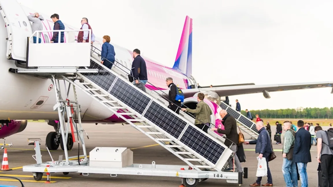 Passagiere steigen über mobile Flugzeugtreppe in ein pink-weißes Passagierflugzeug auf einem Flughafenparkfeld