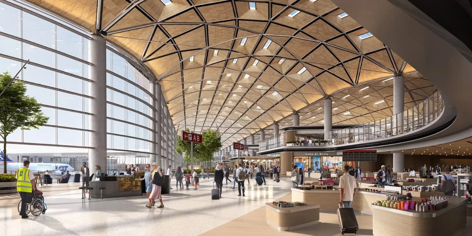 Der Entwurf vereint Funktion und Ästhetik: eine zentrale Plaza mit Glasdach,