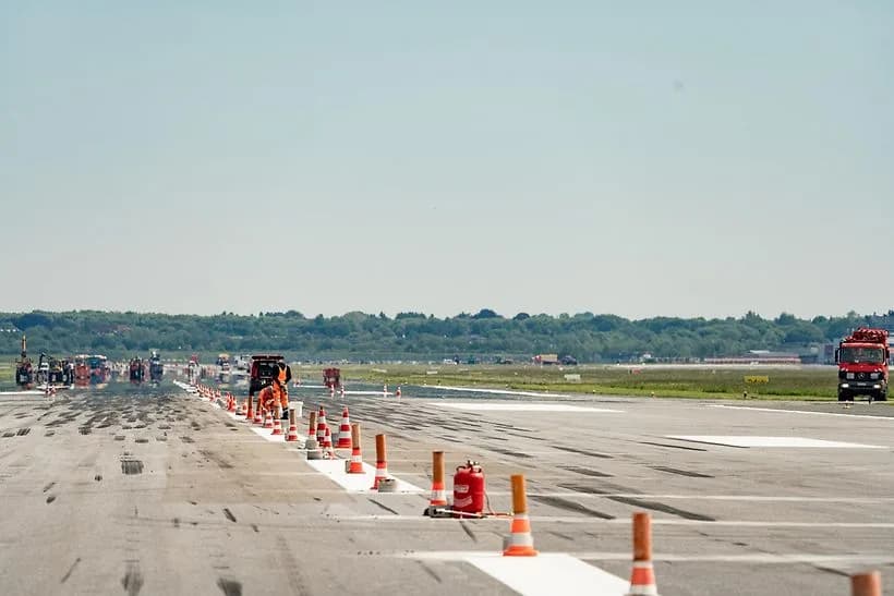 Baustellenfahrzeuge und Absperrkegel auf gesperrter Start- und Landebahn am Flughafen Hamburg während Pistenarbeiten