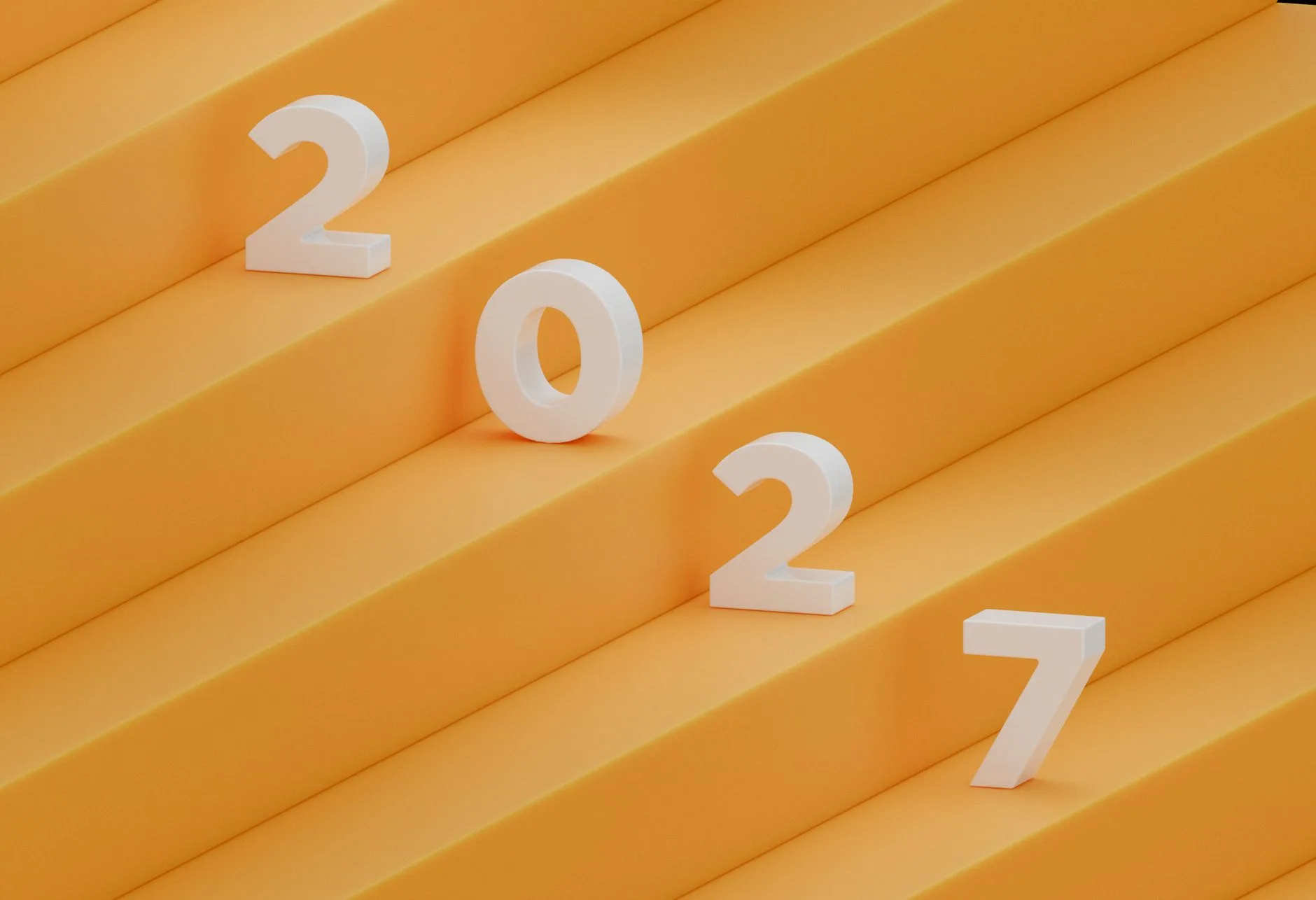 Weiße 3D-Ziffern 2027 stehen auf gelben Treppenstufen, jede Zahl auf einer eigenen Stufe