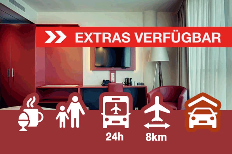 Hotelzimmer mit Bett, Schrank, Fernseher und rotem Banner Extras verfügbar sowie Piktogramme für Services.