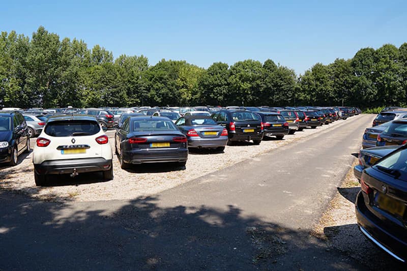 Großer offener Parkplatz mit dicht geparkten Autos in Reihen, Bäume im Hintergrund und blauer Himmel.