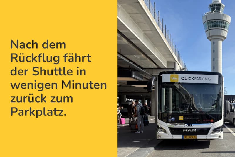 Shuttlebus mit QuickParking-Schriftzug steht vor Parkgarage am Flughafen, Passagiere mit Gepäck sichtbar.