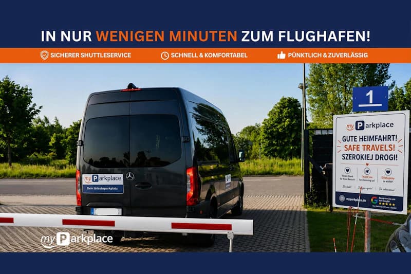 Dunkler Kleinbus mit myParkplace-Aufkleber hinter einer Schranke, daneben ein Hinweisschild und die Zahl 1.
