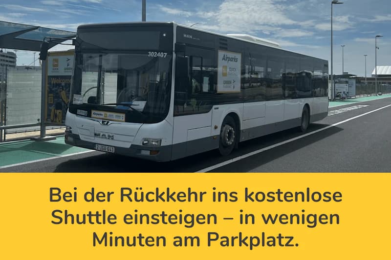 Weißer Zubringerbus an Haltestelle auf dem Flughafengelände, gelber Textstreifen am unteren Bildrand.