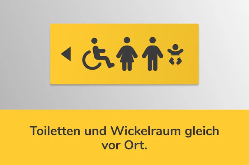 Gelbes Hinweisschild mit Pfeil und Symbolen für Rollstuhl, Damen, Herren und Wickelraum.