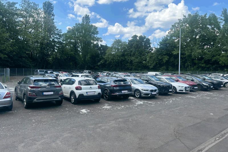 Großer Freiluftparkplatz mit Reihen geparkter Autos, Umzäunung, Bäumen und Laterne unter blauem Himmel.