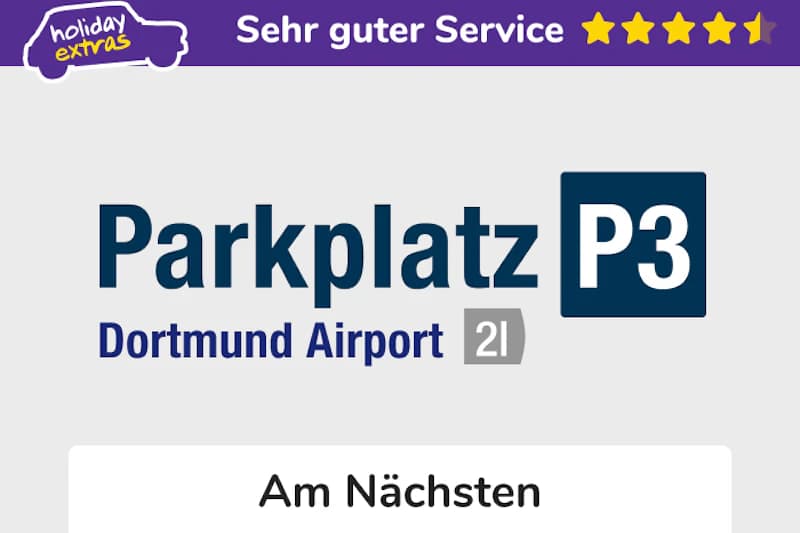 Logo mit Text Parkplatz P3 und Schriftzug Dortmund Airport, darüber violette Leiste mit Sehr guter Service und Sternen.