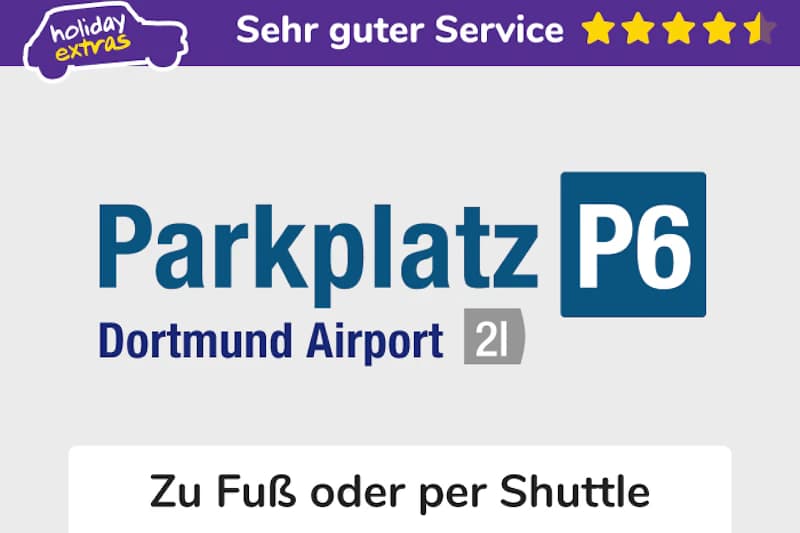 Wortmarke Parkplatz P6 Dortmund Airport mit blauem Logo und dem Zusatz Zu Fuß oder per Shuttle.
