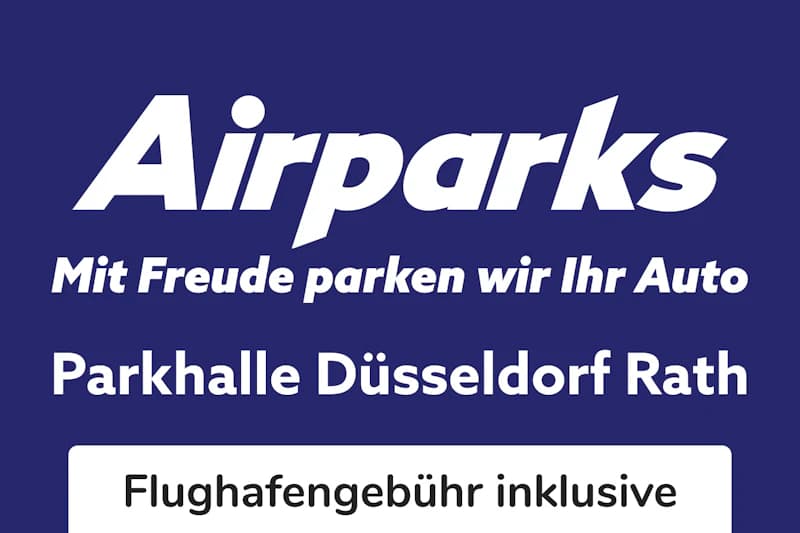 Weißes Airparks-Logo und Slogan sowie Schriftzug Parkhalle Düsseldorf Rath auf dunkelblauem Hintergrund.