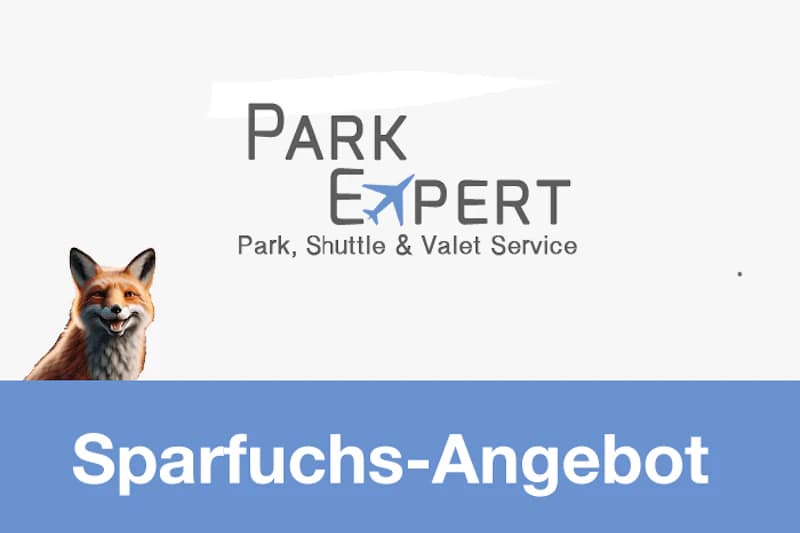 Park Expert-Logo mit Flugzeugsymbol, linke Fuchsillustration und blauem Feld mit Sparfuchs-Angebot.