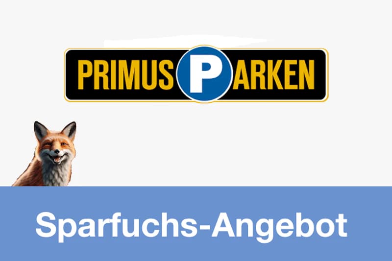 Primus Parken Logo oben, links ein Fuchs, unten Schriftzug Sparfuchs-Angebot auf blauem Band.